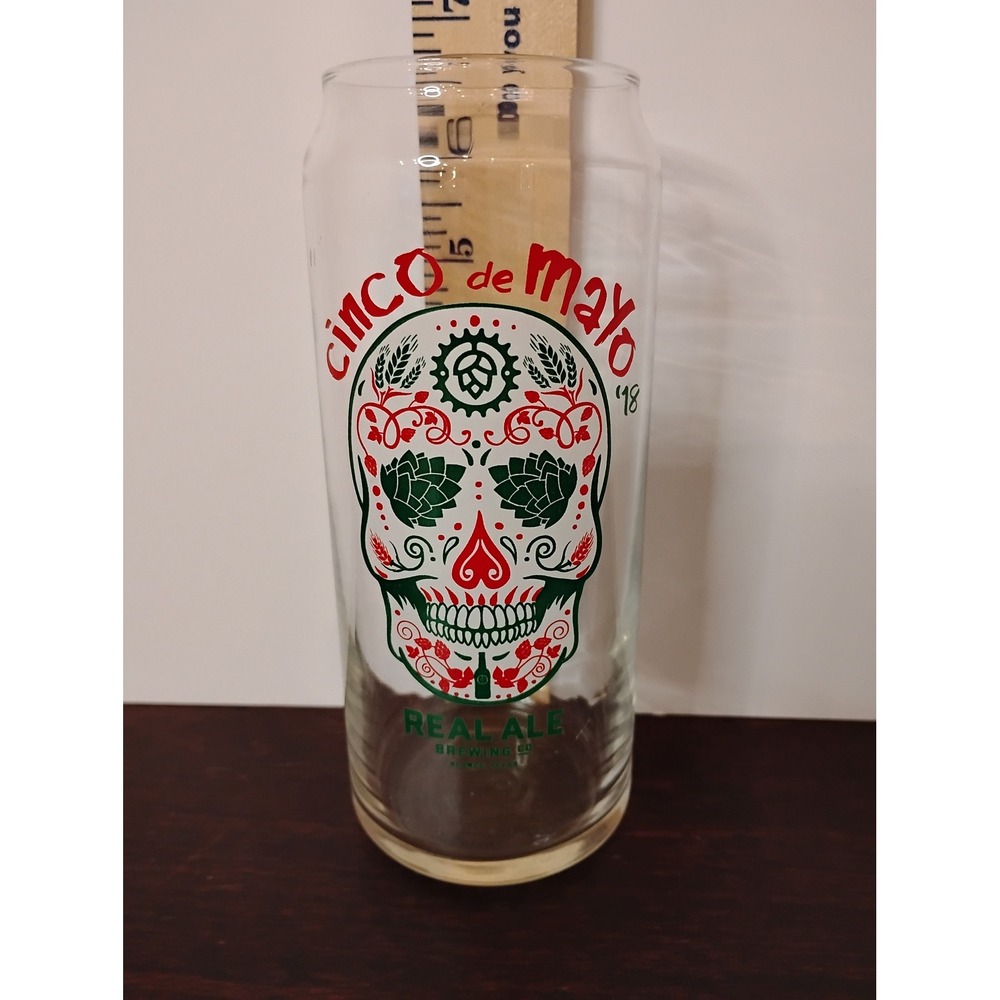 Real Ale Brewing Co Cinco de Mayo 2018 Sugar Skull Beer Can Glass Blanco Texas
